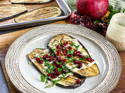 Roasted Eggplant with Pomegranate & Tahini Dressing