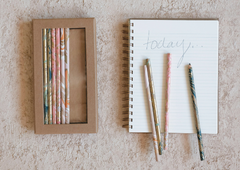 Handmade Paper Wrapped Wood Pencils with Marble Pattern in Kraft Box