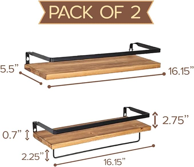 Set of 2 Wood Floating Shelves with Towel Bar -60%OFF