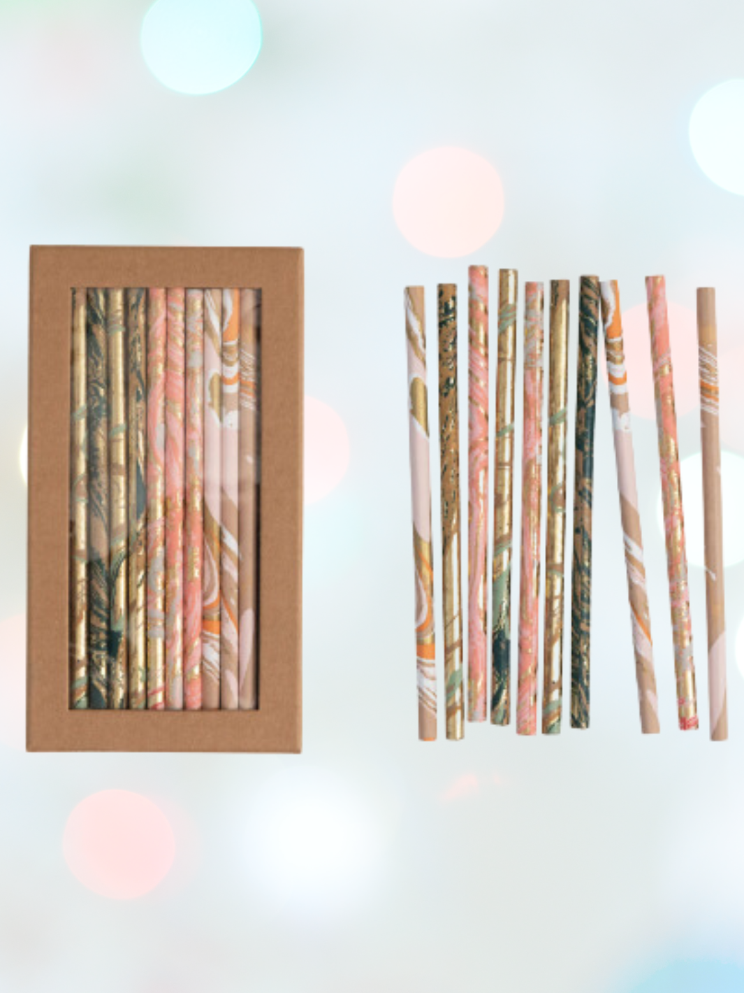 Handmade Paper Wrapped Wood Pencils with Marble Pattern in Kraft Box