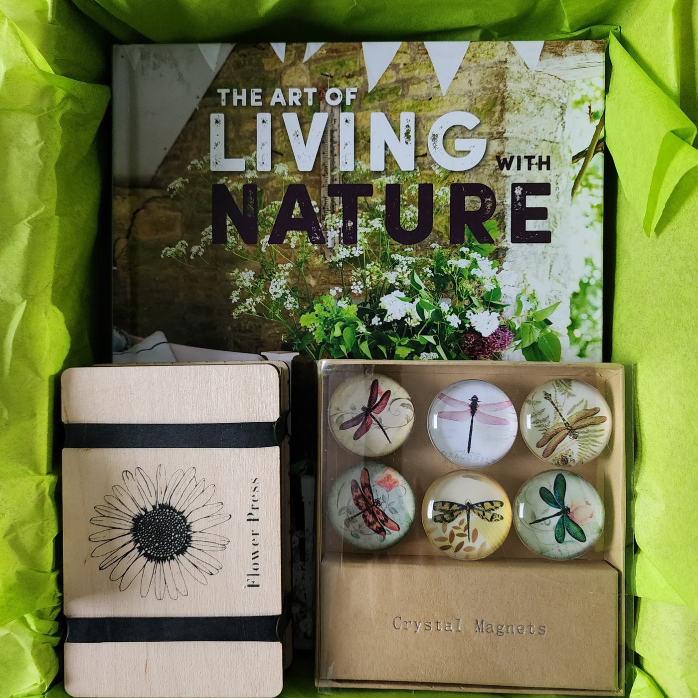 living with nature book, flower press and crystal magnets set