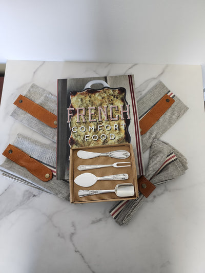 French Comfort food cookbook, chambray napkins, cheese server and napkin rings set