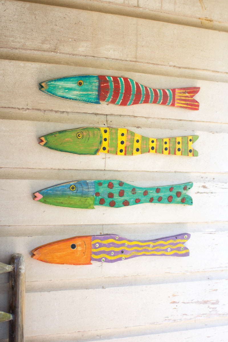 SET OF FOUR RECYCLED WOOD FOLK ART FISH
