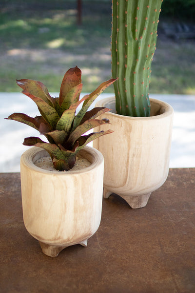 SET OF TWO HAND CARVED WOODEN PLANTERS