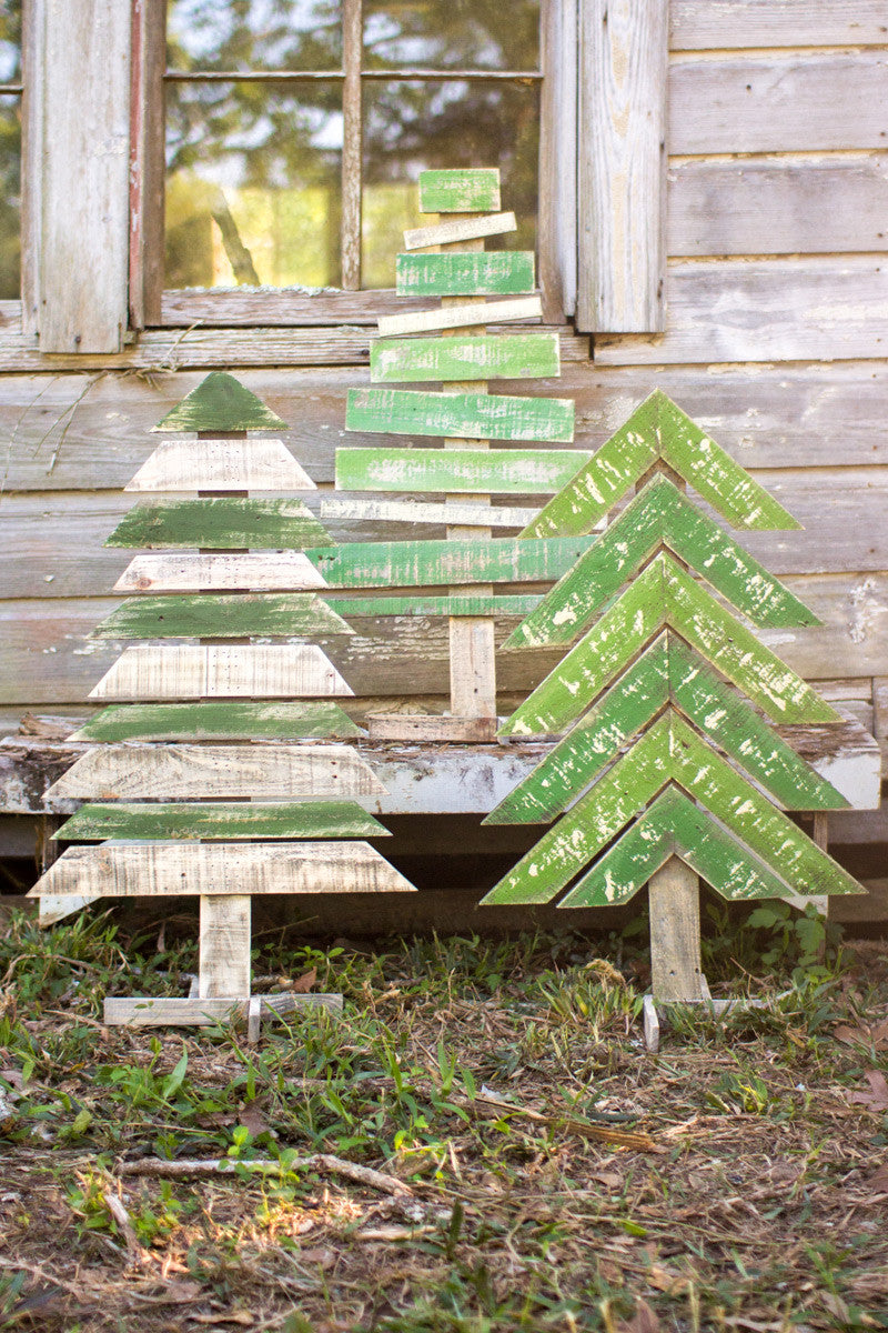 SET OF THREE RECYCLED WOOD TREES WITH STANDS