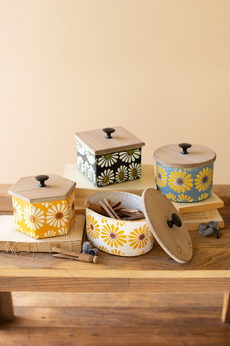 SET OF FOUR WOOD & METAL CANISTERS W PAINTED FLOWER DETAIL