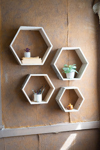Set of 4 Recycled White-Washed Wood Hexagon Wall Shelves