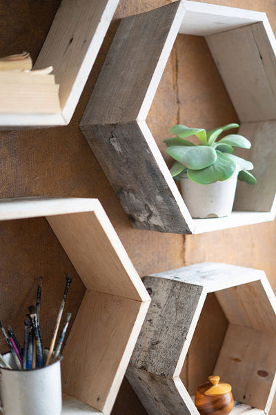 Set of 4 Recycled White-Washed Wood Hexagon Wall Shelves