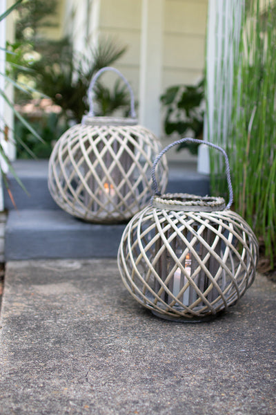 LOW ROUND GREY WILLOW LANTERN WITH GLASS - LARGE