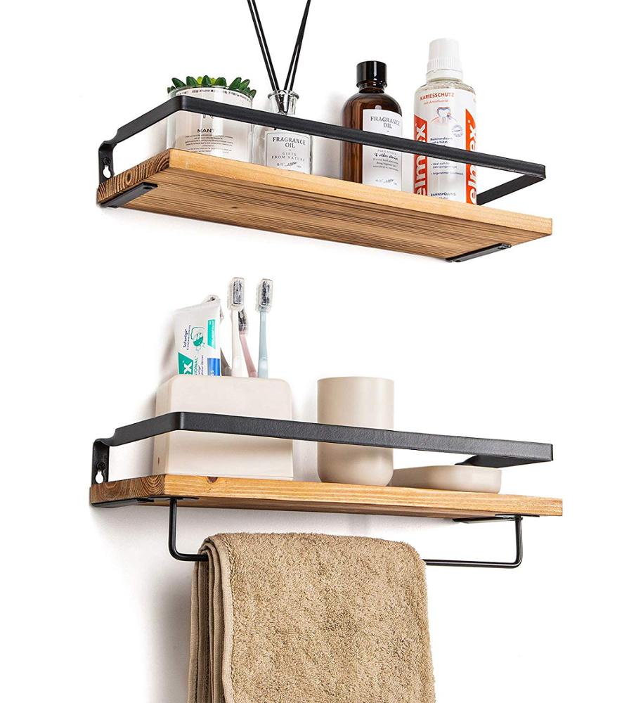 Set of 2 Wood Floating Shelves with Towel Bar