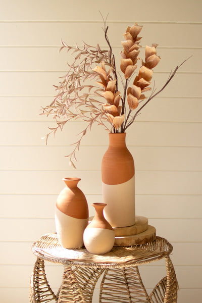 SET OF THREE IVORY DIPPED CLAY VASES