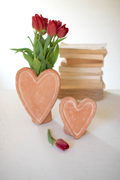 SET OF TWO WHITE-WASH CLAY HEART VASES