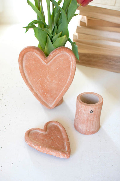 SET OF TWO WHITE-WASH CLAY HEART VASES
