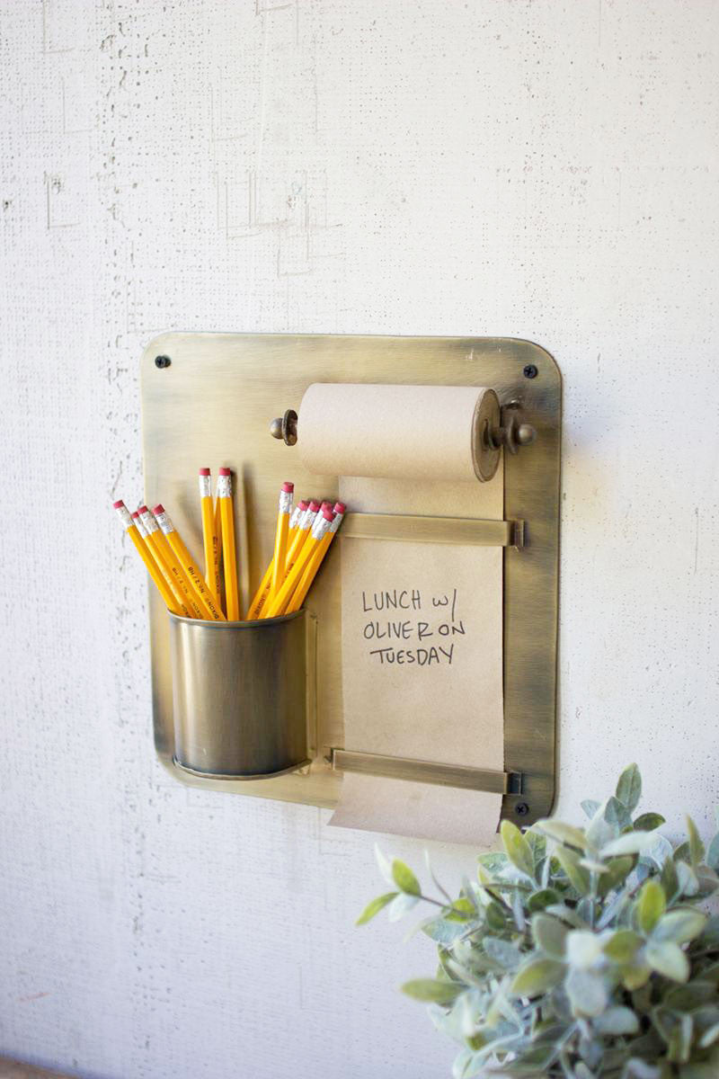 NOTE ROLL WITH ANTIQUE BRASS WALL RACK WITH PENCIL HOLDER