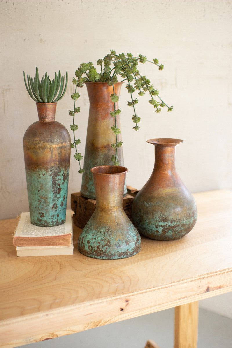 SET OF FOUR TWO-TONED COPPER VASES