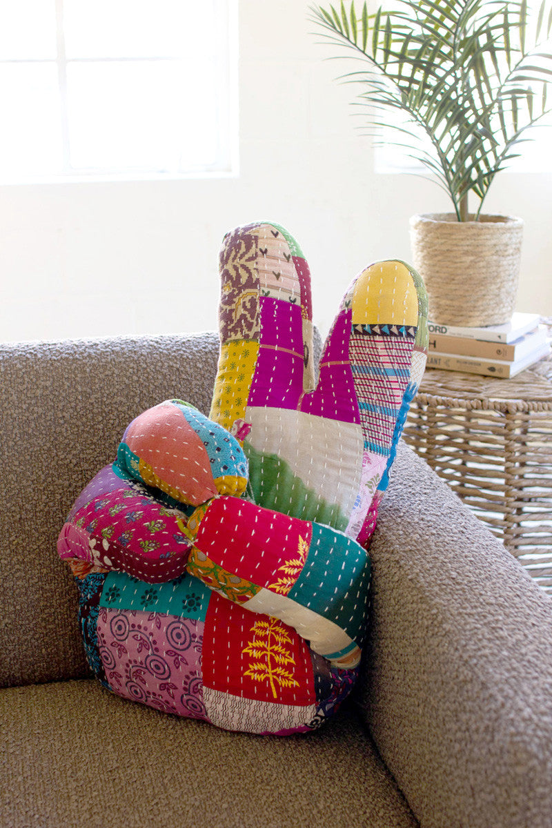 KANTHA HAND PEACE SIGN PILLOW