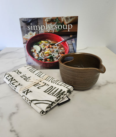 Simply soup cookbook, tea towels and stoneware bowl set