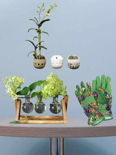 Magnetic pots, green garden gloves and 3 vase desktop propagator set