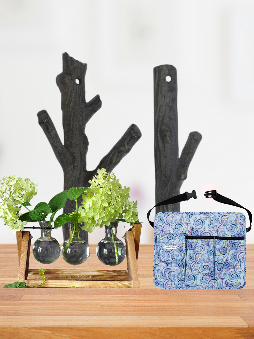 Gardening apron, iron twig wall hooks and 3 vase desktop propagator
