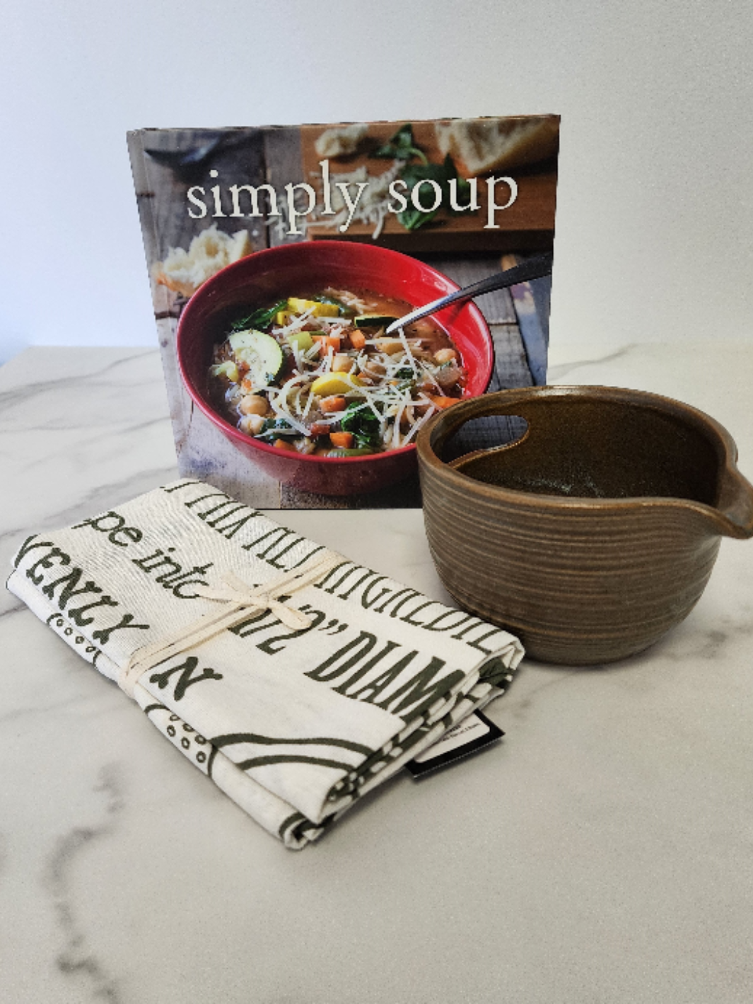 Simply soup cookbook, tea towels and stoneware bowl set