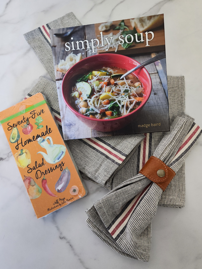 Salad dressing recipe, simply soup cookbook, chambray napkins and leather napkin ring set