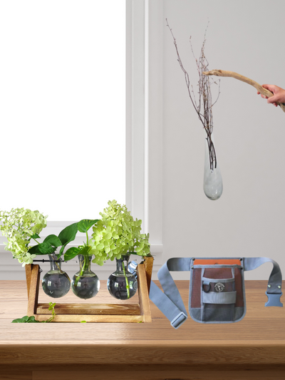 hanging glass vase, hip holster and 3 vase desktop propagator