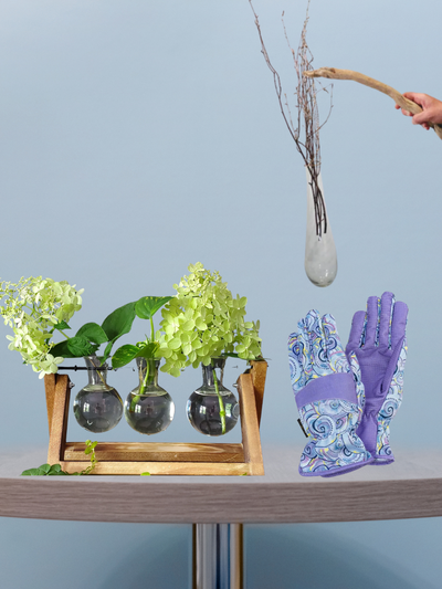 Lavender gardening gloves, hanging glass vase, and 3 vase desktop propagator set