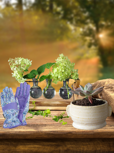 lavender garden gloves, stoneware pot and 3 vase propagator set
